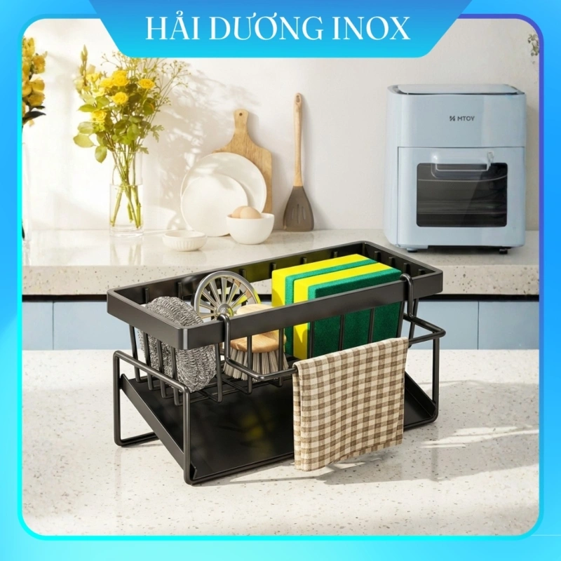 Kệ đựng đồ rửa chén bằng nhựa, bàng thép carbon có khay hứng nước nghiêng, để giẻ lau, nước rửa bát