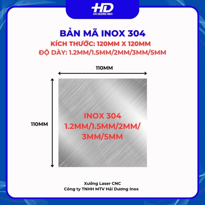 Bản mã vuông inox 304, kích thước 120x120 mm, độ dày 1.2/1.5/2/3/5mm, cắt laser độ chính xác cao