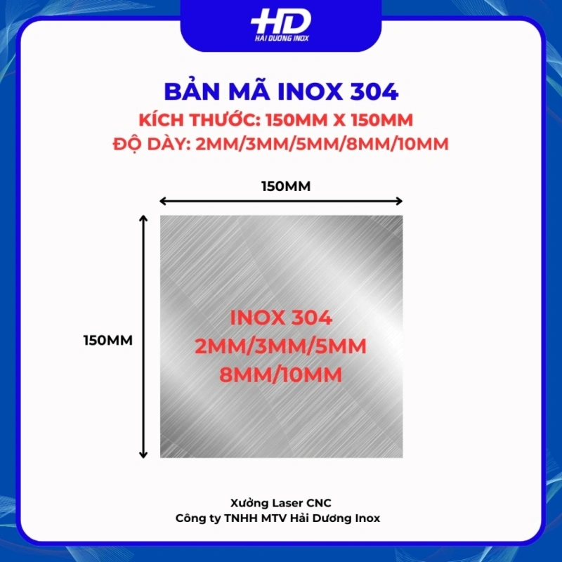 Bản mã vuông inox 304, kích thước 150x150 mm, độ dày 2mm/3mm/5mm/8mm/10mm, cắt laser độ chính xác