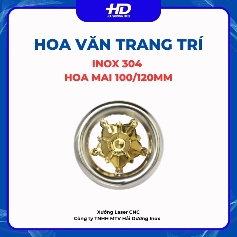 Hoa mai vàng inox 304, phụ kiện trang trí cổng, hàng rào, hành lang, kích thước 100mm, 120mm