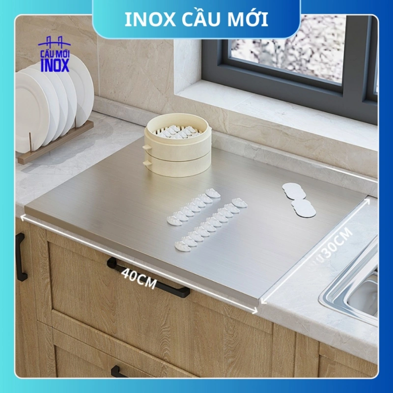 Thớt inox 304 cao cấp hình chữ nhật – dày dặn, chống trượt, dùng cán và nhào bột tiện lợi