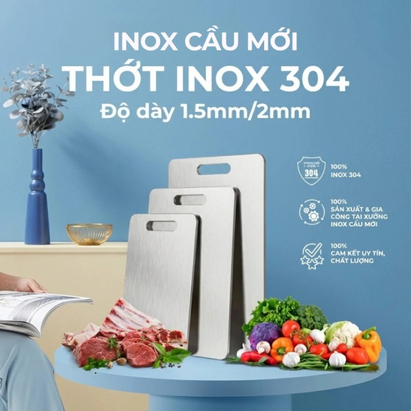 Thớt inox 304 kháng khuẩn cao cấp – chống ẩm mốc, vệ sinh dễ dàng, hàng chất lượng cao từ xưởng